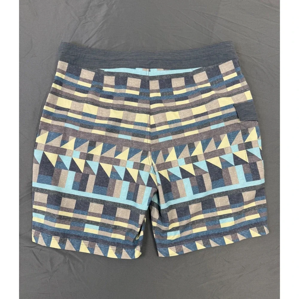 Prana Mens Aztec Board Shorts Size‎ 34 Blue Grey Yellow Geometric Tribal UPF 50